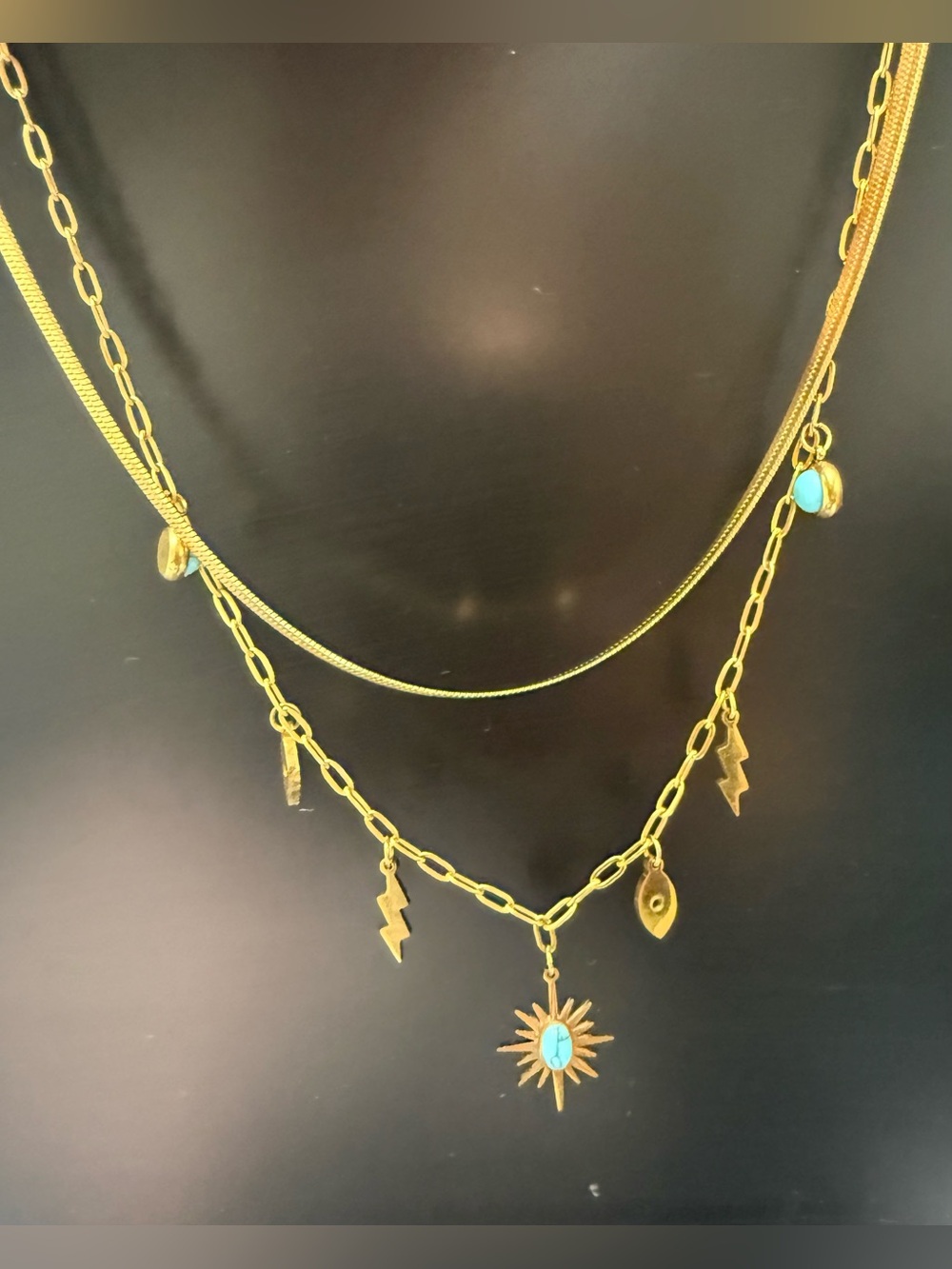18K Gold-Filled Sunburst Turquoise Pendant Layered Necklace - NEW